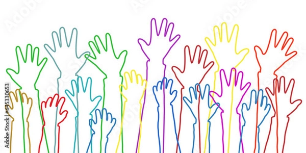 Fototapeta colorful hands raising up. Illustration with different skincolors