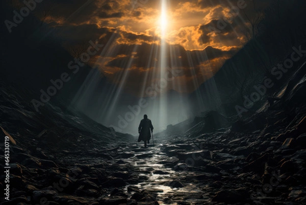 Fototapeta A man walking through a dark valley toward the heavenly light trusting in God Generative AI Illustration