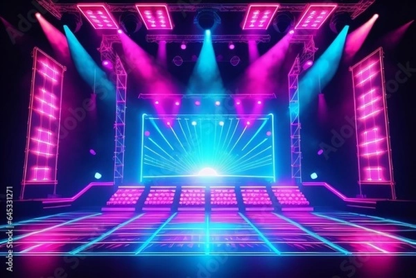 Fototapeta Background of empty stage show neon light and laser show made with Generative AI