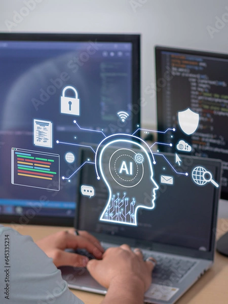 Obraz Vertical Image of future of programming with artificial intelligence: AI revolutionizing the way we code