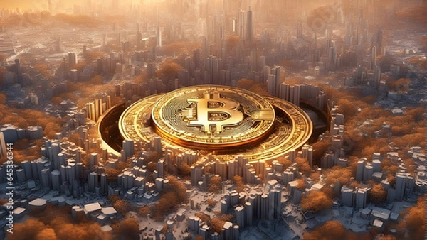 Fototapeta Bitcoin symbol emerging from a futuristic digital landscape. Generative AI