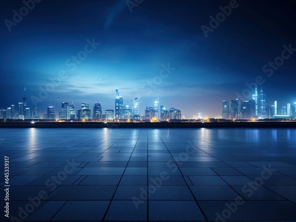 Fototapeta Perspective view of empty floor and modern rooftop building with cityscape scene