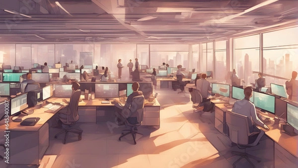 Obraz A panoramic view of a bustling tech startup office, showcasing the dynamic synergy of creative minds at work. Generative AI