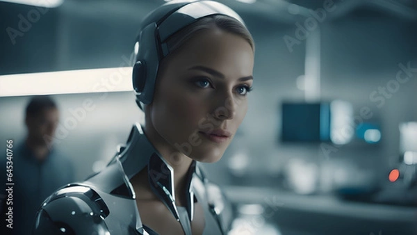 Fototapeta Highly detailed image of a beautiful female humanoid. Artificial Intelligence. Generative AI