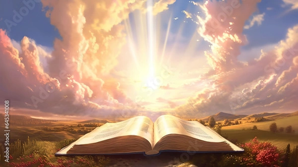 Fototapeta Bible illustration open book landscape art paradise sun light prayer jesus god Divine. Generative Ai