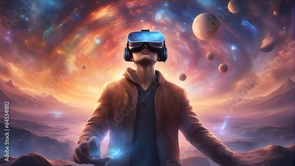 Obraz Man using virtual reality technology as a way to experience space travel. Generative AI