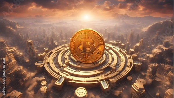 Fototapeta Highly detailed and 3D rendered image of a massive Bitcoin emerging from a futuristic digital landscape. Generative AI