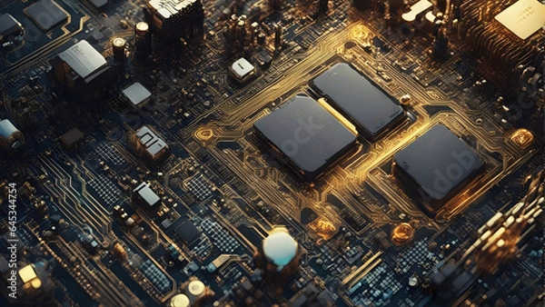 Obraz Highly detailed and close-up image of circuit and microchips. Generative AI