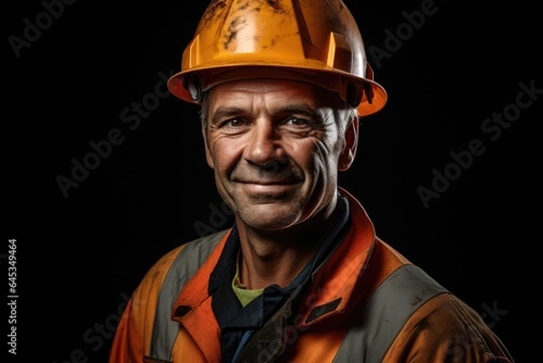 Fototapeta Portrait of handsome engineer. Builder in hard hat, foreman or repairman in the helmet. hardhat. Portrait mechanical worker