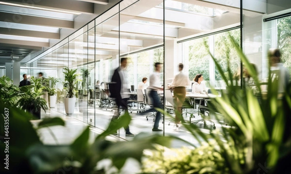 Fototapeta Bright business workplace with people in walking in blurred motion in modern office space