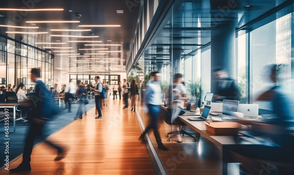 Obraz Bright business workplace with people in walking in blurred motion in modern office space