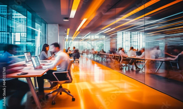 Obraz Bright business workplace with people in walking in blurred motion in modern office space