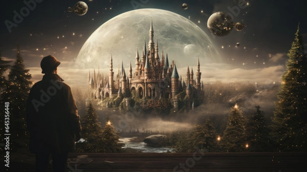 Fototapeta A man looks at a fairy tale castle behind the castle is a huge moon