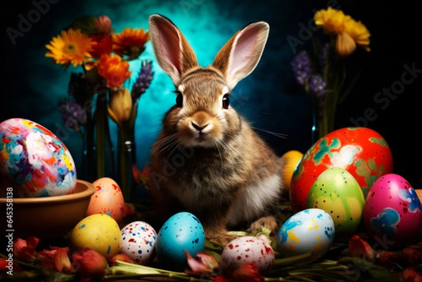 Fototapeta Bunny with Easter eggs. Generative AI