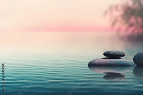 Fototapeta Calm - zen stones reflecting in turquoise water against the pink horizon with a blur, background with copy space