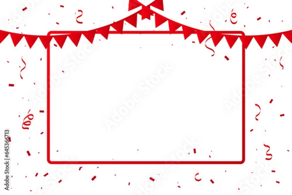 Fototapeta Red Frame And Confetti With Ribbons Falling On White Background. Celebration Event And Birthday. Grand Opening. Vector