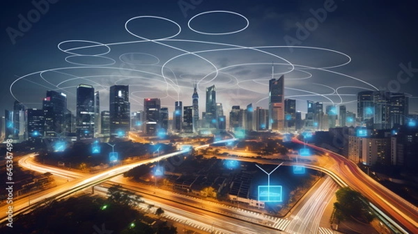 Obraz Cityscape with connected infrastructure - Generative AI