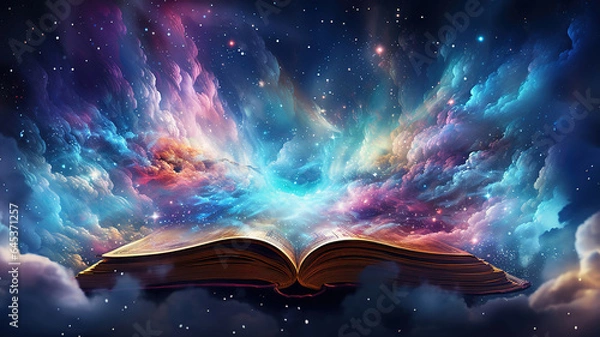 Fototapeta Open book with galaxy milky way stars other dimension cloud space. Generative Ai