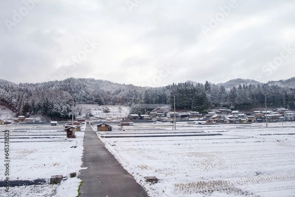 Fototapeta the beauty of winter in Japan as the snow begins to melt on the road, contrasting with the pristine snow-covered rice fields in the background.
