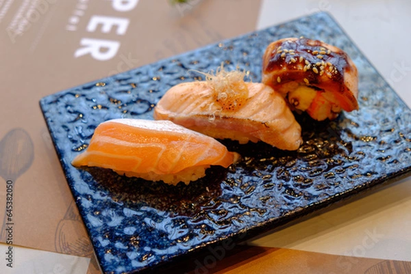 Fototapeta Salmon Sushi and  Salmon Saikyo Sushi and  Cook Salmon Roll