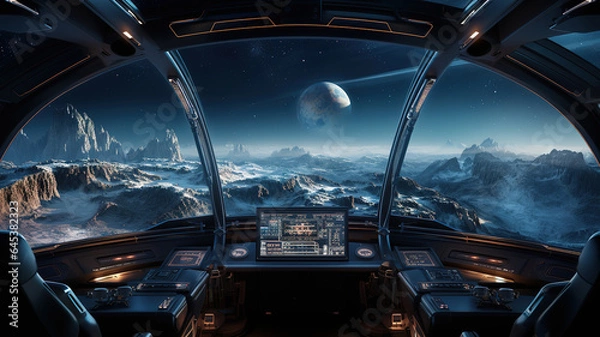 Fototapeta Spaceship view on earth at night from alien planet. Generative Ai