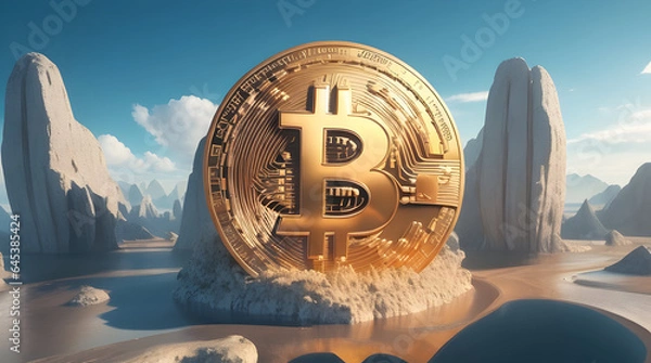 Obraz Bitcoin symbol placed on a futuristic landscape, symbolizing the rise and impact of the leading cryptocurrency. Generative AI
