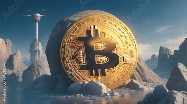 Obraz Bitcoin symbol placed on a futuristic landscape, symbolizing the rise and impact of the leading cryptocurrency. Generative AI