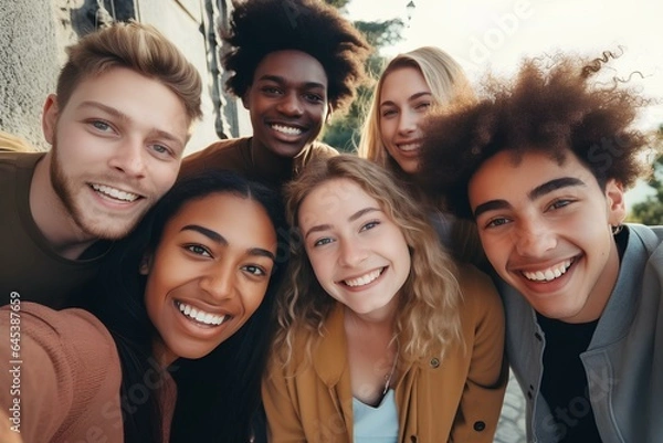 Fototapeta Multicultural group of friends taking selfie picture outside, Happy young people smiling at camera together. Friendship concept in city street. generative AI