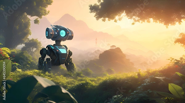 Obraz A futuristic robot embarks on an epic adventure, exploring the beautiful urban landscape of a city from tomorrow. Generative AI