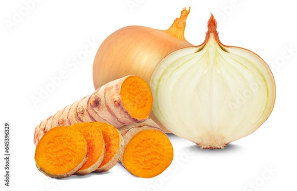 Fototapeta turmeric rhizome and onion isolated on white background