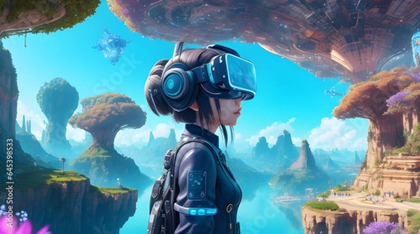 Obraz Girl wearing virtual reality headset, exploring the gaming world of futuristic metaverse. Generative AI