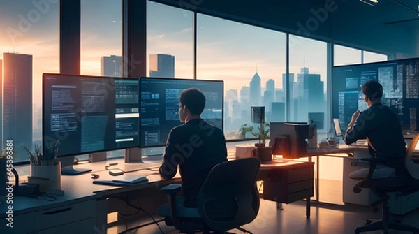 Obraz A panoramic view of a bustling tech startup office, showcasing the dynamic synergy of creative minds at work. Generative AI