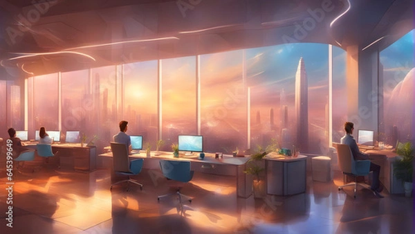 Obraz A team of professionals in the office of tomorrow, with panoramic view of  futuristic landscape. Generative AI
