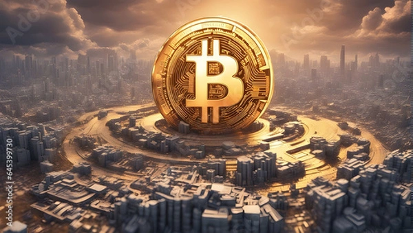 Obraz Bitcoin symbol placed on a futuristic landscape, symbolizing the rise and impact of the leading cryptocurrency. Generative AI