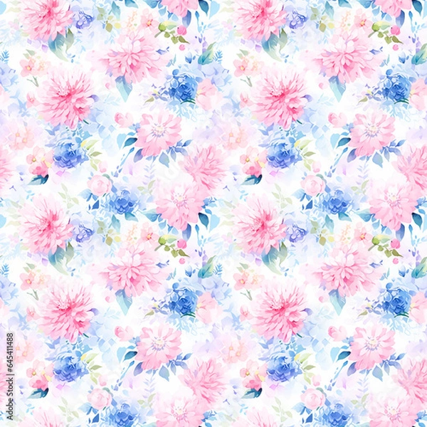 Fototapeta Seamless watercolor floral patterns, with flowers and foliage. Japanese abstract style. Use for wallpapers, backgrounds, packaging design, or web design