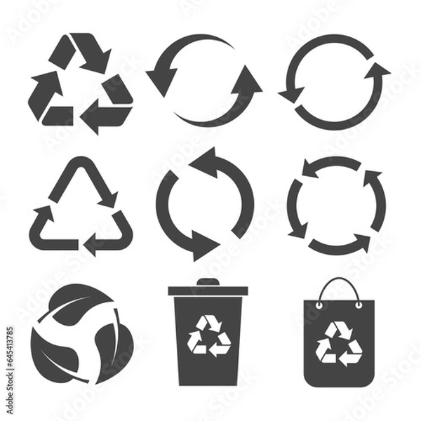 Obraz Set of black recycle icon. Recycling and rotation arrow symbols. Vector illustration isolated on white background.