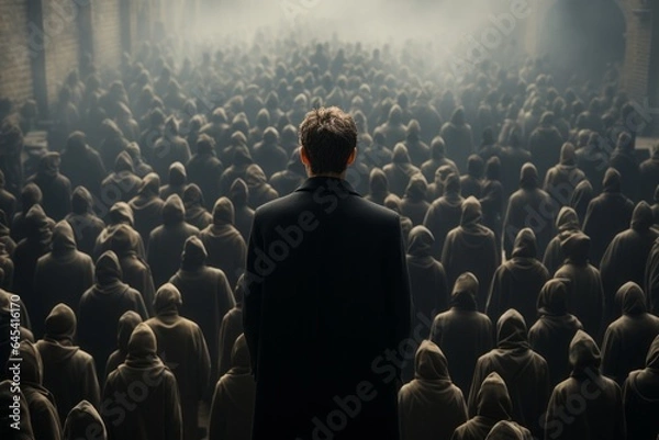 Fototapeta In the midst of a compelling cult gathering, a lone figure stands, symbolizing the profound solitude one can feel even when surrounded by many.