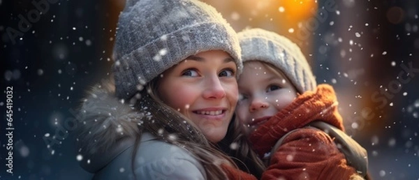 Fototapeta A young girl with mom watches in wonder at the first snowfall of the season, her face glowing with enchantment. Capturing natural beauty and childhood innocence in winter, Generative AI