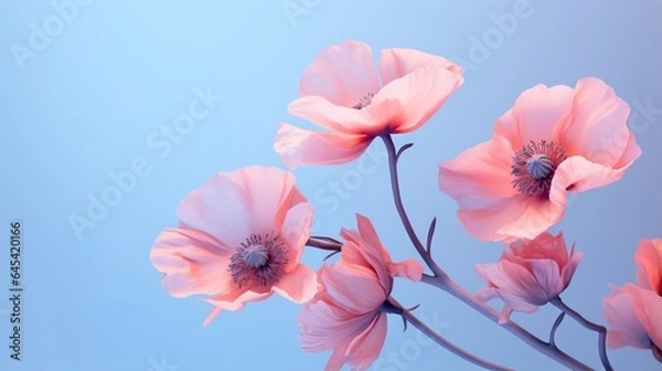 Fototapeta  a group of pink flowers against a blue sky background,.  generative ai