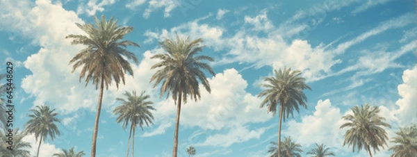 Fototapeta Blue sky and palm trees view from below, vintage style, tropical beach and summer background, travel concept