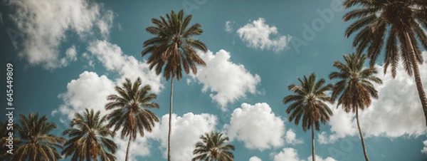 Fototapeta Blue sky and palm trees view from below, vintage style, tropical beach and summer background, travel concept
