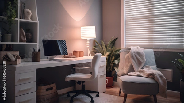 Fototapeta Cozy minimalist home office with soft serene ambiance. Modern interior design. Workplace, work-life balance, harmony. Laptop, desk and char furniture. AI generative.