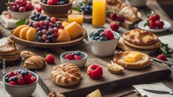 Obraz Gourmet Cuisine and Food Presentation-A rustic wooden table set with a farm-to-table brunch featuring fresh fruits and pastries., Gourmet Cuisine and Food Presentation