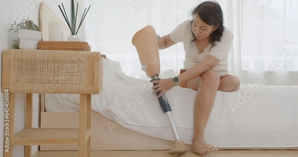 Obraz Happy Disabled Asian woman amputee walking take a rest and takes off removing prosthetic leg while sitting on bed. Leg prosthetic equipment, Amputee concept