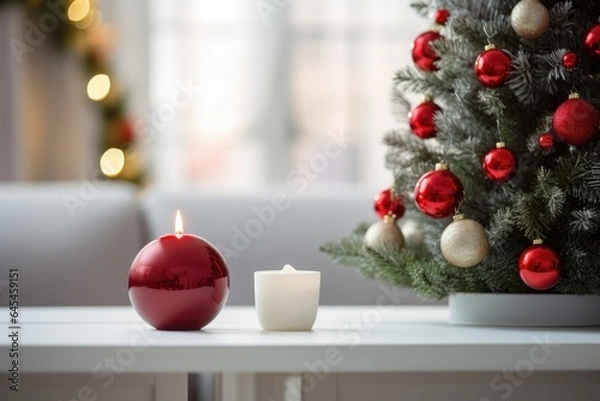 Fototapeta Christmas tree and gift boxes in light white room interior