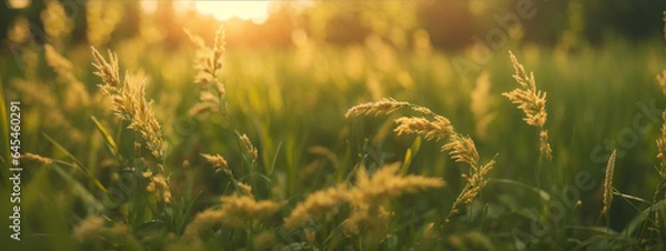 Fototapeta Wild grass in the forest at sunset. Macro image, shallow depth of field. Abstract summer nature background. Vintage filter