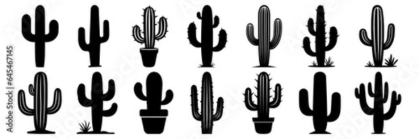 Fototapeta Cactus desert silhouettes set, large pack of vector silhouette design, isolated white background