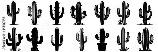 Fototapeta Cactus desert silhouettes set, large pack of vector silhouette design, isolated white background