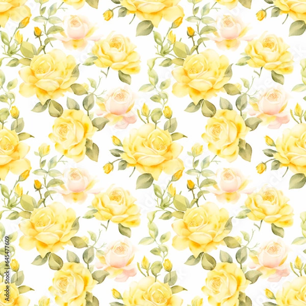 Fototapeta Yellow rose, Seamless watercolor floral patterns, with flowers and foliage. Japanese abstract style. Use for wallpapers, backgrounds, packaging design, or web design