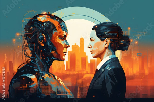 Fototapeta Women in technology business banner showing artificial intelligence robot with background. Generative AI.